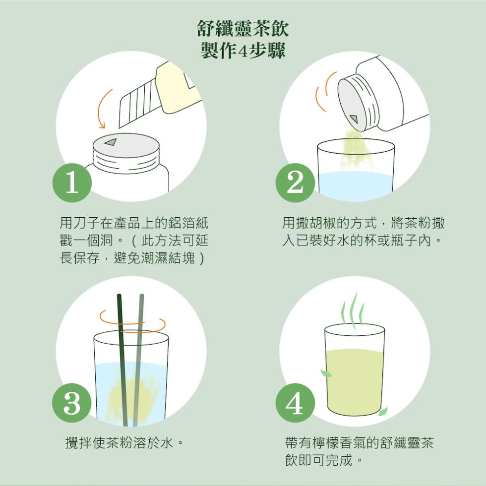 舒纖靈茶飲，製作4步驟，用刀子在產品上的鋁箔紙，戳一個洞。(此方法可延，長保存,避免潮濕結塊)，攪拌使茶粉溶於水。用撒胡椒的方式,將茶粉撒，入已裝好水的杯或瓶子內。帶有檸檬香氣的舒纖靈茶，飲即可完成。
