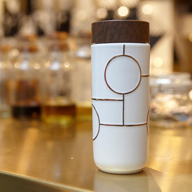 【乾唐軒活瓷】夢想隨身杯 - 雙層仿木紋蓋 牙白描金 附精美禮盒