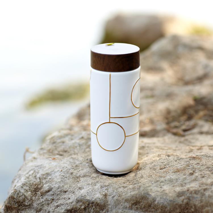 【乾唐軒活瓷】夢想隨身杯 - 雙層仿木紋蓋 牙白描金 附精美禮盒