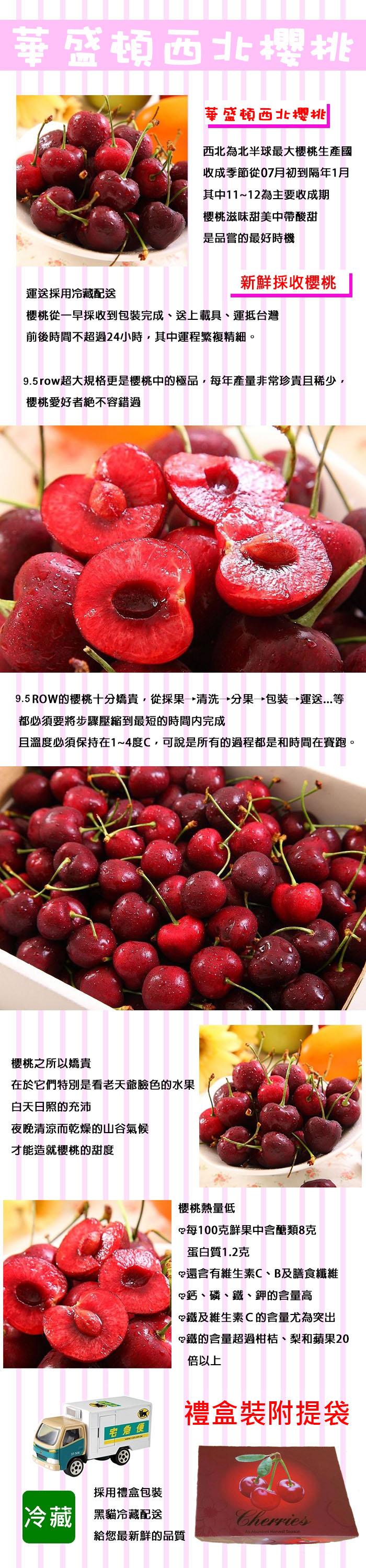 華盛頓西北櫻桃，運送採用冷藏配送，櫻桃從一早採收到包裝完成、送上載具、運抵台灣，前後時間不超過24小時,其中運程繁複精細。9.5row超大規格更是櫻桃中的極品,每年產量非常珍貴且稀少,櫻桃愛好者絕不容錯過，櫻桃之所以嬌貴，在於它們特別是看老天爺臉色的