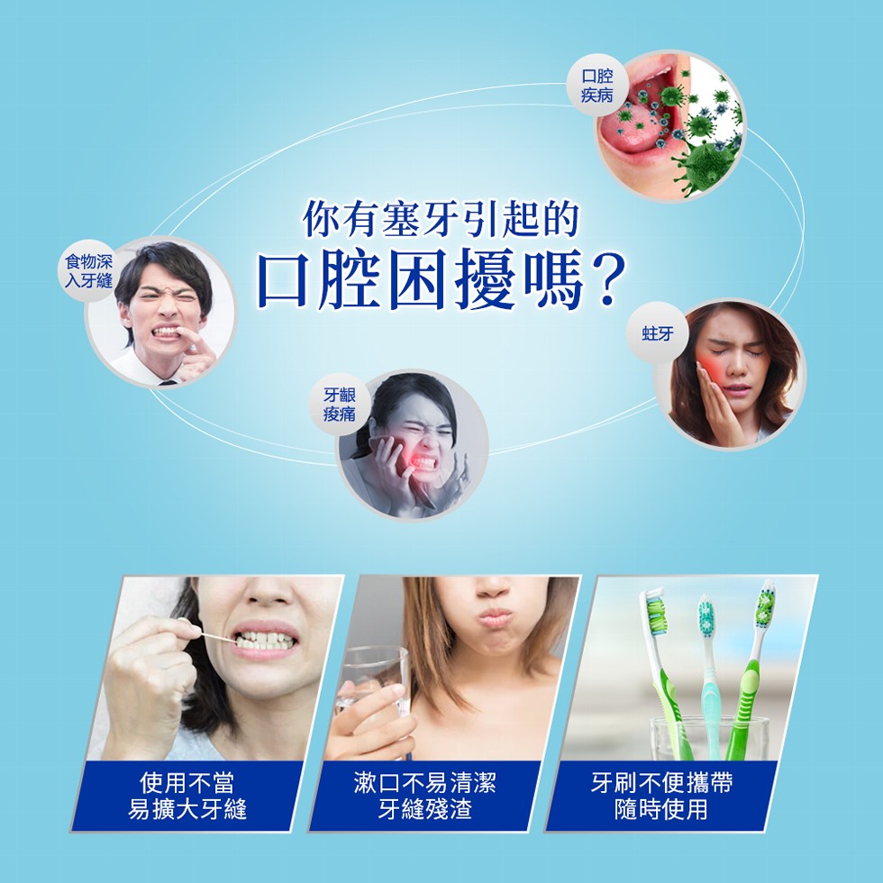 食物深，入牙縫，使用不當，易擴大牙縫，你有塞牙引起的，口腔困擾嗎?漱口不易清潔，牙縫殘渣，牙刷不便攜帶，隨時使用。