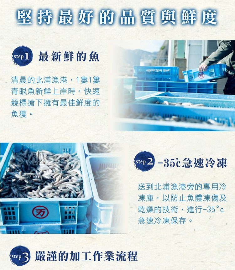 堅特最好的品質與鮮度，ep1 最新鮮的魚，清晨的北浦漁港,1隻1隻，青眼魚新鮮上岸時,快速，競標搶下擁有最佳鮮度的，魚獲。ep 2-35℃急速冷凍，送到北浦漁港旁的專用冷，凍庫,以防止魚體凍傷及，乾燥的技術,進行-35c，急速冷凍保存。ep3嚴謹的加