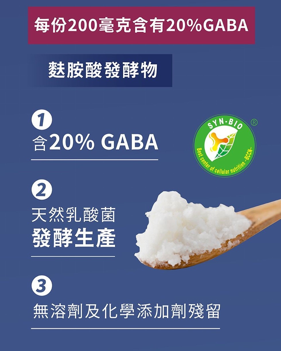 每份200毫克含有20%GABA，麩胺酸發酵物，含20% GABA，天然乳酸菌，發酵生產，無溶劑及化學添加劑殘留。