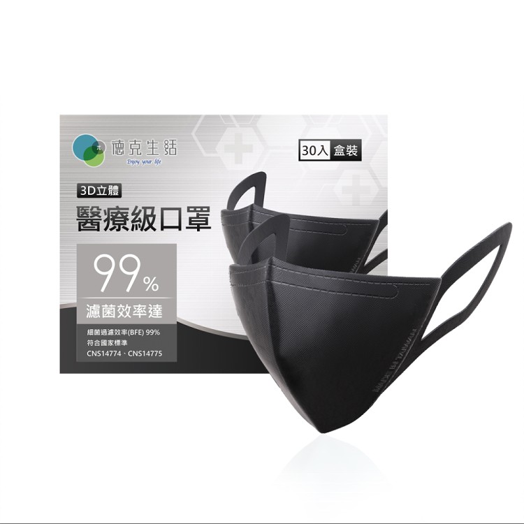 免運!【德克生活】立體醫療級4層口罩L-黑色 (30入) 30片/L (5盒150片,每片7.3元)