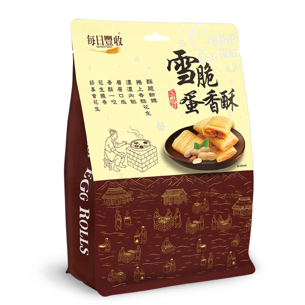 每日豐收，※RISP，蛋香酥，捲上香醇花生，酥脆餅體，濃濃内餡，花生侵香，香酥一咬，層層口感，好事會花生。