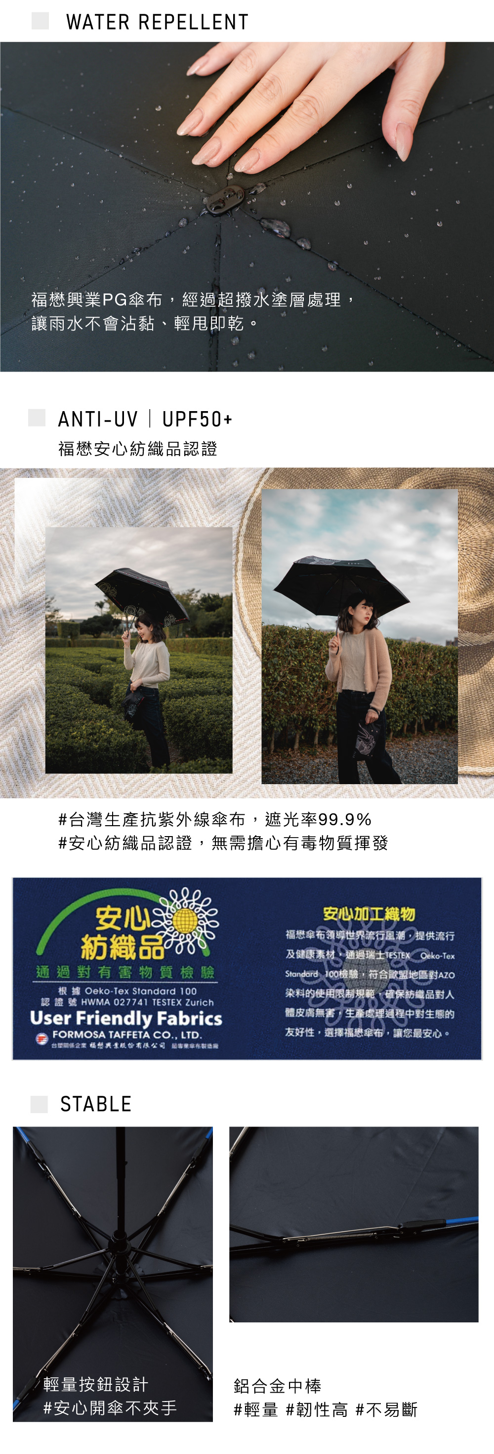 福懋興業PG傘布,經過超撥水塗層處理,讓雨水不會沾黏、輕甩即乾。福懋安心紡織品認證，#台灣生產抗紫外線傘布,遮光率99.9%，#安心紡織品認證,無需擔心有毒物質揮發，安心羅，紡織品 888，通過對有害物質檢驗，根據 Oeko-Tex Standard