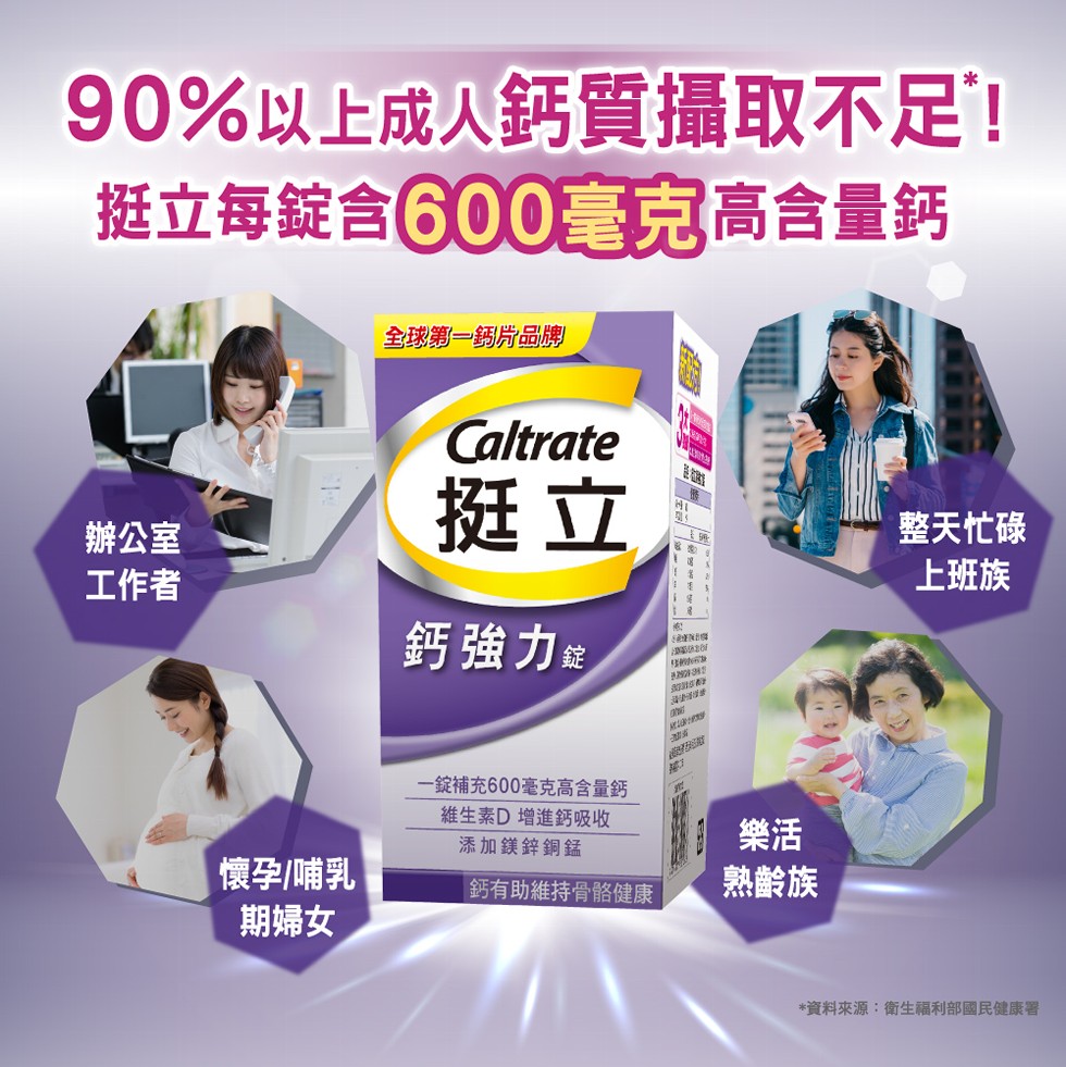 90%以上成人鈣質攝取不足!挺立每錠含600毫克高含量鈣，全球第一鈣片品牌，整天忙碌，上班族，辦公室，工作者，鈣強力能，一錠補充600 ...