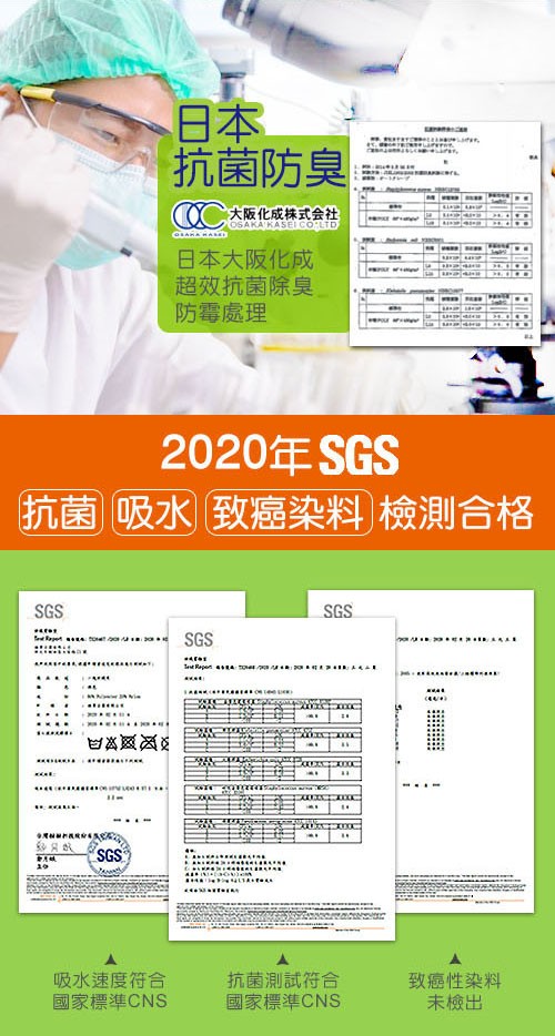 抗菌防臭,(CC大阪化成株式会社,日本大阪化成,超效抗菌除臭,防霉處理,2020年SGS,抗菌吸水致癌染料檢測合格,吸水速度符合,國家標準CNS,抗菌測試符合,國家標準CNS,致癌性染料,未檢出。