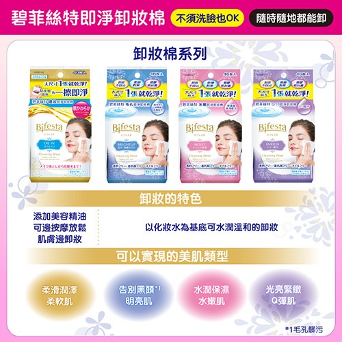 碧菲絲特即淨卸妝棉不須洗臉也0K，隨時隨地都能卸，卸妝棉系列，一擦即淨，1張就乾淨!1張就乾淨!1張就乾淨!卸妝的特色，添加美容精油，可邊按摩放鬆，肌膚邊卸妝，以化妝水為基底可水潤溫和的卸妝，可以實現的美肌類型，柔滑潤澤，柔軟肌，告別黑頭”，明亮肌，