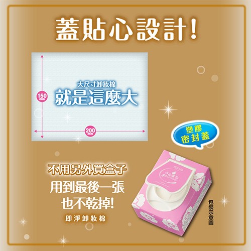 蓋貼心設計!大尺寸卸妝棉，就是這麼大，密封蓋，不用另外買盒子，用到最後一張，也不乾掉，即淨卸妝棉，包装示意圖。