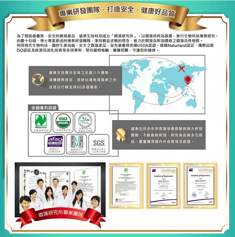 專業研發團隊。打造安全、健康好品質，為了製造最優質、安全的微藻產品,遠東生技特別成立微藻研究所。以微藻培育為基礎,進行生物科技專業研究。由數十位碩、博士專家組成的專業研發國隊,秉持精益求精的理念,致力於開發高附加價值之微藻活性物質。利用現代生物科技,