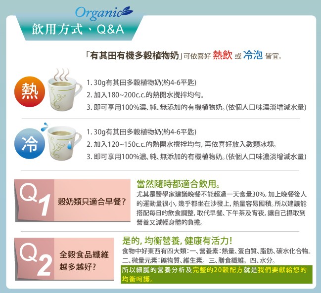 飲用方式、Q&A，有其田有機多穀植物奶可依喜好熱飲或冷泡皆宜。1.30g有其田多穀植物奶(約4-6平匙)，2. 加入180~200c.c.的熱開水攪拌均与。3. 即可享用100%6濃、純、無添加的有機植物奶。(依個人口味濃淡增減水量)，1.30g有其