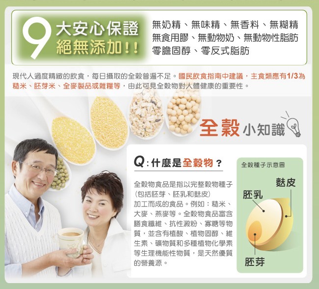 O大安心保證 無奶精、無味精、無香料、無糊精，絕無添加!! 零隐固醇、零反式脂肪，無食用膠、無動物奶、無動物性脂肪，現代人過度精緻的飲食,每日攝取的全穀普遍不足。國民飲食指南中建議,主食類應有1/3為，糙米、胚芽米、全麥製品或雜糧等,由此可見全穀物對