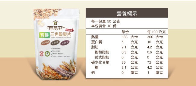 營養標示，每一份量50 公克，本包裝含 10 份，有其田”，有三色般麥片，183 大卡，每100 公克，366 大卡，蛋白質，飽和脂肪，反式脂肪，碳水化合物，10 公克，2.1 公克，0.3 公克，2.1 公克，4.2 公克，0.6 公克，72 公克