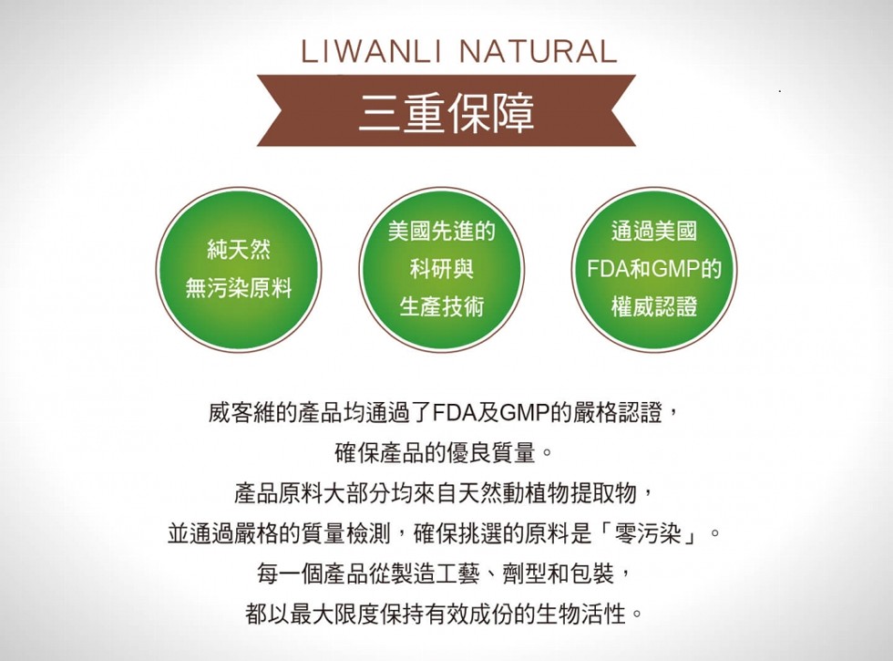 三重保障，美國先進的，通過美國，純天然，無污染原料，科研與，FDA和GMP的，生產技術，權威認證，威客維的產品均通過了FDA及GMP的嚴格認證,確保產品的優良質量。產品原料大部分均來自天然動植物提取物,並通過嚴格的質量檢測,確保挑選的原料是零污染。每