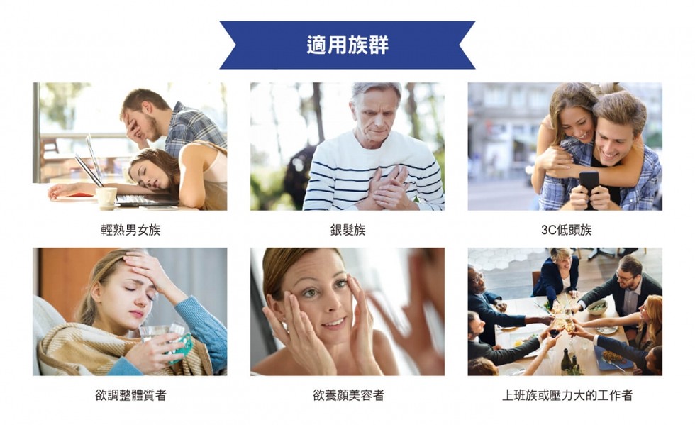 適用族群，輕熟男女族，銀髮族，3C低頭族，欲調整體質者，欲養顏美容者，上班族或壓力大的工作者。