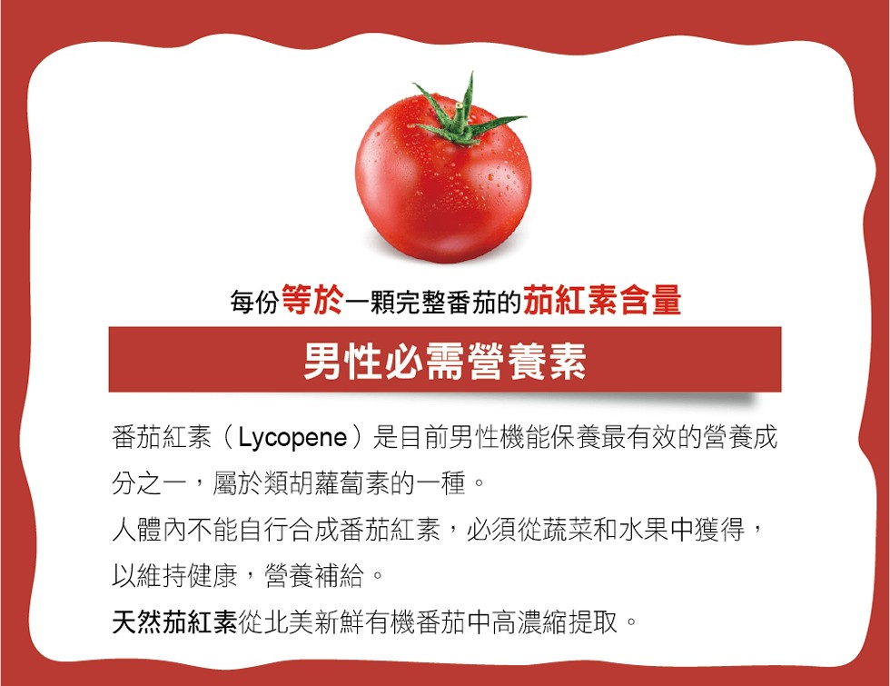 每份等於一顆完整番茄的茄紅素含量，男性必需營養素，番茄紅素(Lycopene)是目前男性機能保養最有效的營養成，分之一,屬於類胡蘿蔔素的一種。人體內不能自行合成番茄紅素,必須從蔬菜和水果中獲得,以維持健康,營養補給。天然茄紅素從北美新鮮有機番茄中高濃