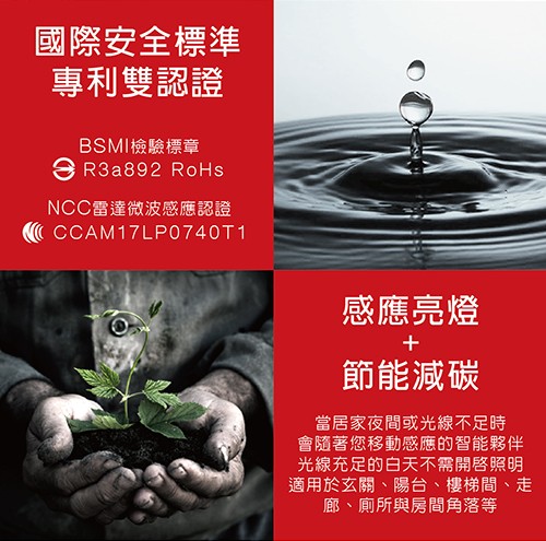 國際安全標準，專利雙認證，BSMI檢驗標章，NCC雷達微波感應認證，感應亮燈，節能減碳，當居家夜間或光線不足時，會隨著您移動感應的智能夥伴，光線充足的白天不需開啓照明，適用於玄關、陽台、 樓梯間、走，廊、廁所與房間角落等。