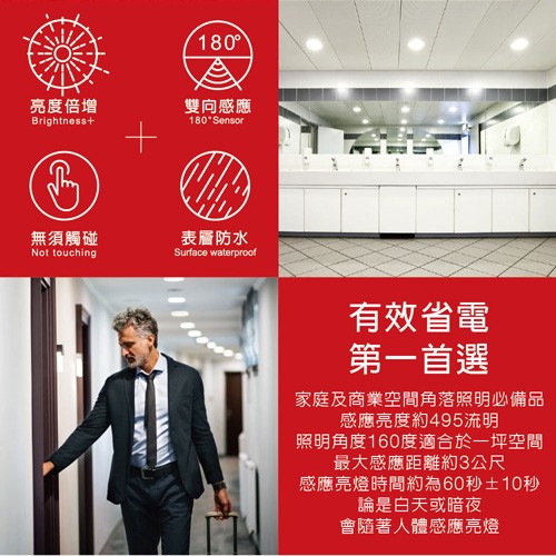 亮度倍增，雙向感應，無須觸碰，表層防水，有效省電，第一首選，家庭及商業空間角落照明必備品，感應亮度約495流明，照明角度160度適合於一坪空間，最大感應距離約3公尺，感應亮燈時間約為60秒土10秒，論是白天或暗夜，會隨著人體感應亮燈。