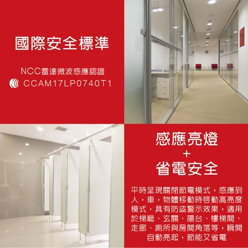 國際安全標準，NCC雷達微波感應認證，感應亮燈，省電安全，平時呈現關閉節電模式,感應到，人,車,物體移動時啓動高亮度，模式,具有防盗警示效果,適用，於梯廳、玄關、陽台、 樓梯間、走廊、廁所與房間角落等,瞬間，自動亮起,節能又省電。