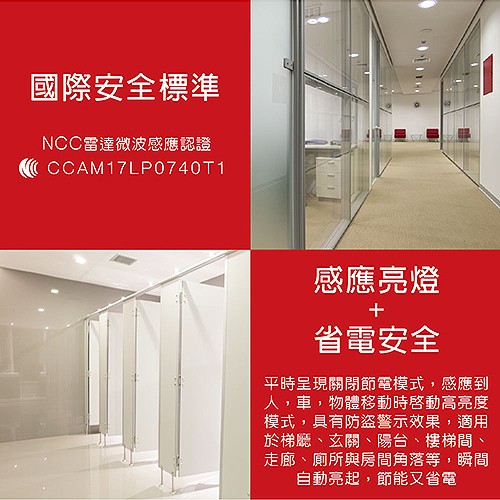 國際安全標準，NCC雷達微波感應認證，感應亮燈，省電安全，平時呈現關閉節電模式,感應到，人,車,物體移動時啓動高亮度，模式,具有防盗警示效果,適用，於梯廳、玄關、陽台、 樓梯間、走廊、廁所與房間角落等,瞬間，自動亮起,節能又省電。