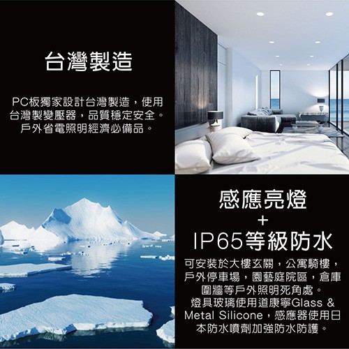 台灣製造,PC板獨家設計台灣製造,使用,台灣製變壓器,品質穩定安全。戶外省電照明經濟必備品。感應亮燈,IP65等級防水,可安裝於大樓玄關,公寓騎樓,戶外停車場,園藝庭院區,倉庫,圍牆等戶外照明死角處。燈具玻璃使用道康寧Glass &,Metal Si