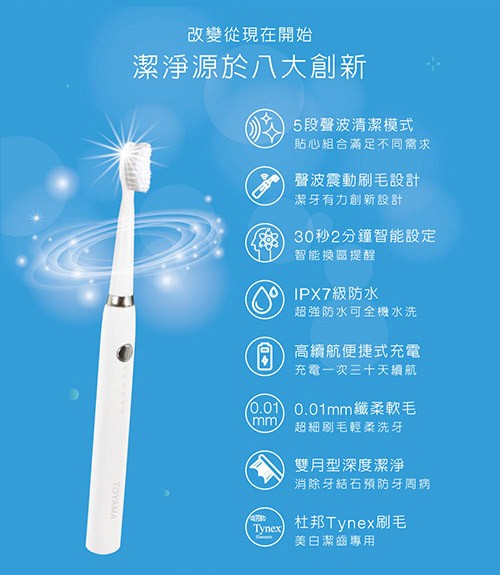改變從現在開始,潔淨源於八大創新,5段聲波清潔模式,貼心組合滿足不同需求,聲波震動刷毛設計,潔牙有力創新設計,30秒2分鐘智能設定,智能換區提醒,IPX7級防水,超強防水可全機水洗,高續航便捷式充電,充電一次三十天續航,(0.01 0.01mm纖柔軟