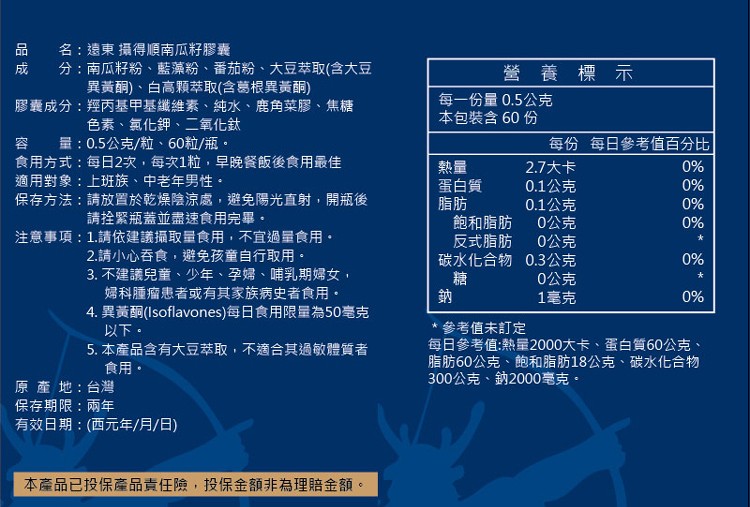 名:遠東攝得順南瓜籽膠囊，分:南瓜籽粉、藍藻粉、番茄粉、大豆萃取(含大豆，異黃酮)、白高顆萃取(含葛根異黃酮)，膠囊成分:經丙基甲基纖維素、純水、鹿角菜膠、焦糖，色素、氯化鉀、二氧化鈦，容 量:0.5公克/粒、60粒/瓶。食用方式:每日2次,每次1粒