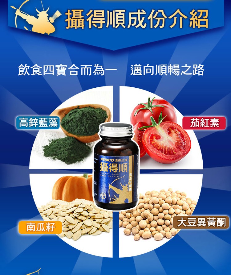 ト攝得順成份介紹，飲食四寶合而為一 邁向順暢之路，高鋅藍藻，茄紅素，FEBICO遠束生技，攝得順，大豆異黃酮，南瓜籽。