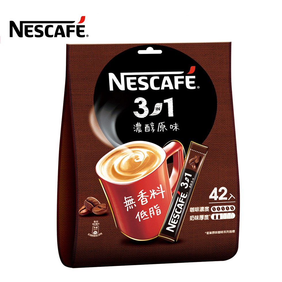 濃醇原味，無香料，42人，咖啡濃度O0000，奶味厚度 0，160毫升，雀巢原味咖啡系列指標。