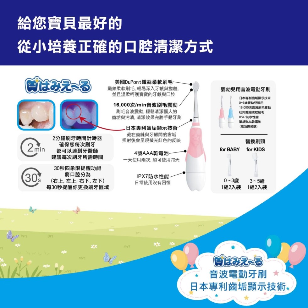 給您寶貝最好的，從小培養正確的口腔清潔方式，Cはみえる，美國DuPont纖絲柔軟刷毛一，纖絲柔軟刷毛,輕易深入牙齦與齒縫,並且溫柔呵護實寶的牙齦與口腔，嬰幼兒用音波電動牙刷，16,000次/min音波刷毛震動，刷毛音波震動,輕鬆清潔惱人的，齒垢與污漬