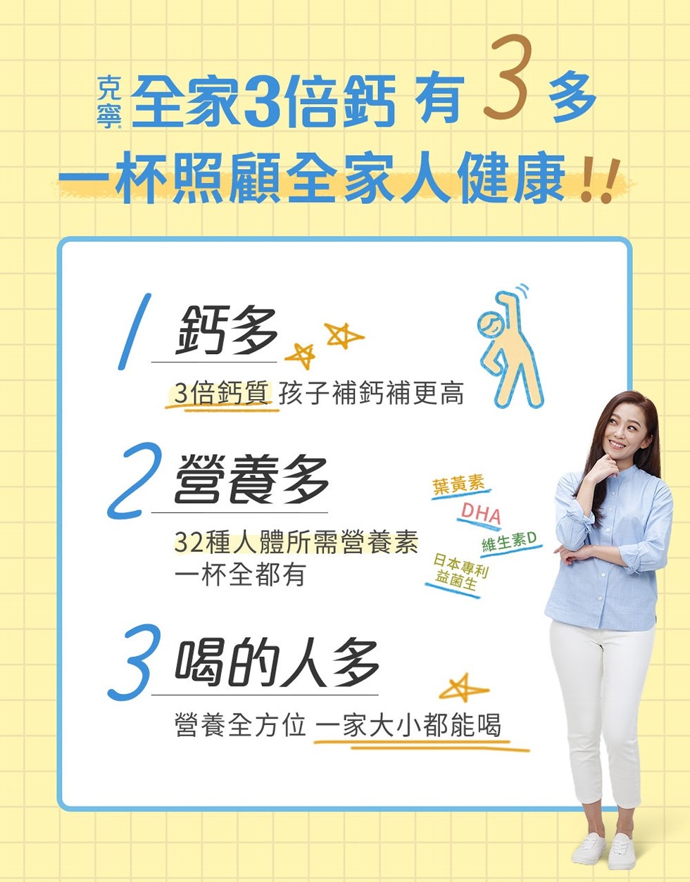 喜全家3倍鈣有了多,一杯照顧全家人健康!!/鈣多。3倍鈣質 孩子補鈣補更高,2營養多,葉黃素,32種人體所需營養素,一杯全都有,維生素D,日本專利,益菌生,3喝的人多,營養全方位一家大小都能喝。