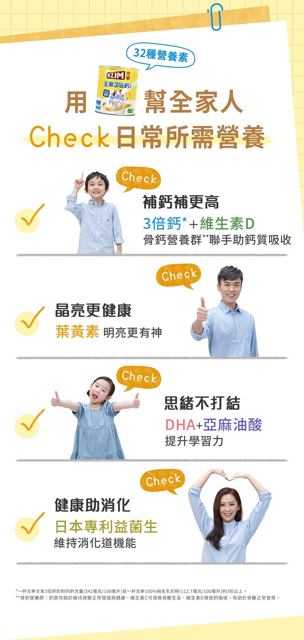 32種營養素,全家3倍鈣,用 幫全家人,Check日常所需營養,補鈣補更高,3倍鈣+維生素D,骨鈣營養群“聯手助鈣質吸收,晶亮更健康,葉黃素明亮更有神,思緒不打結,DHA+亞麻油酸,提升學習力,健康助消化,日本專利益菌生,維持消化道機能,一杯克寧全家