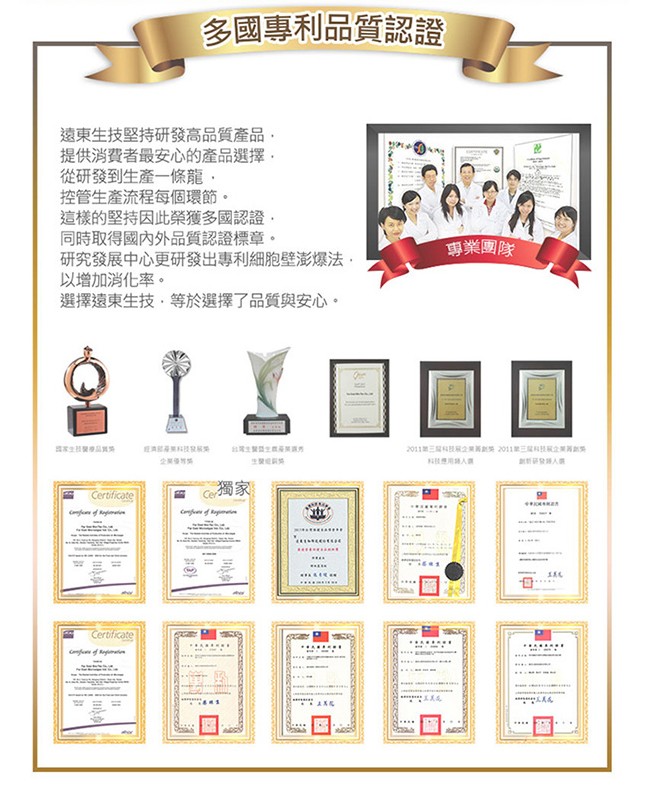 多國專利品質認證，遠東生技堅持研發高品質產品,提供消費者最安心的產品選擇,從研發到生產一條龍,控管生產流程每個環節。這樣的堅持因此榮獲多國認證,同時取得國內外品質認證標章。研究發展中心更研發出專利細胞壁澎爆法,以增加消化率。選擇遠東生技,等於選擇了品