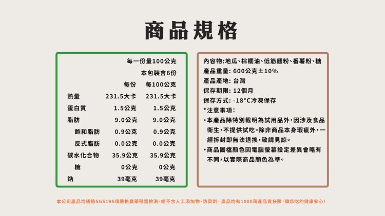 商品規格，每一份量100公克，內容物:地瓜、棕櫚油、低筋麵粉、番薯粉、糖、本包裝含6份，產品重量:600公克±10%，產品產地: 台灣，每100公克，保存期限:12個月，231.5大卡，231.5大卡，保存方式:-18°C冷凍保存，1.5公克，1.5
