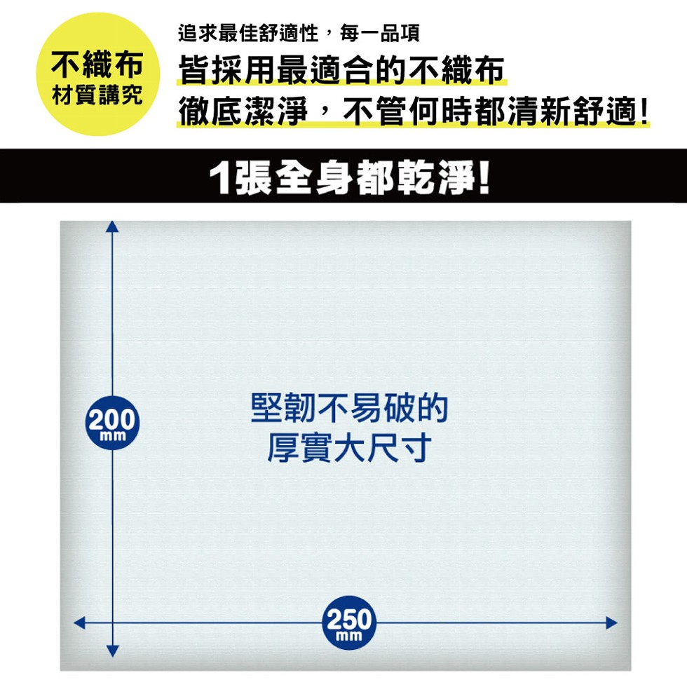 追求最佳舒適性,每一品項，不織布 皆採用最適合的不織布，材質講究，徹底潔淨,不管何時都清新舒適!1張全身都乾淨!堅韌不易破的，厚實大尺寸。