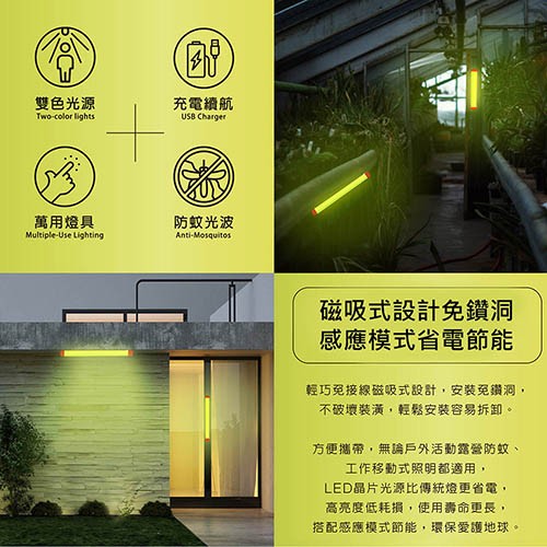 雙色光源,萬用燈具,充電續航,防蚊光波,磁吸式設計免鑽洞,感應模式省電節能,輕巧免接線磁吸式設計,安裝免鑽洞,不破壞裝潢,輕鬆安裝容易拆卸。方便攜帶,無論戶外活動露營防蚊、工作移動式照明都適用,LED晶片光源比傳統燈更省電,高亮度低耗損,使用壽命更長