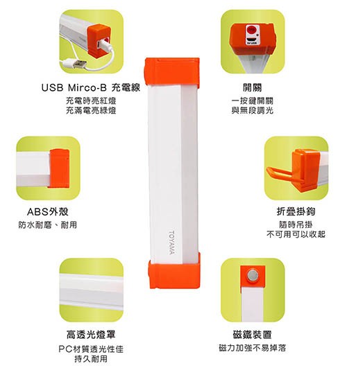 USB Mirco-B 充電線,充電時亮紅燈,充滿電亮綠燈,ABS外殼,防水耐磨、耐用,高透光燈罩,PC材質透光性佳,持久耐用,一按鍵開關,與無段調光,折疊掛鉤,隨時吊掛,不可用可以收起,磁鐵裝置,磁力加強不易掉落。