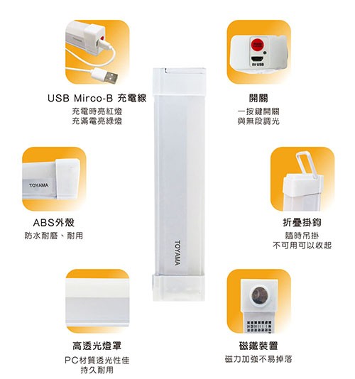 USB Mirco-B 充電線，充電時亮紅燈，充滿電亮綠燈，一按鍵開關，與無段調光，ABS外殼，防水耐磨、耐用，折疊掛鉤，隨時吊掛，不可用可以收起，高透光燈罩，PC材質透光性佳，持久耐用，磁鐵裝置，磁力加強不易掉落。