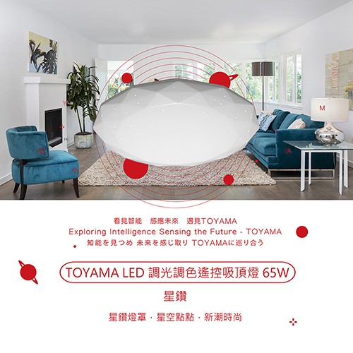 看見智能感應未來 遇見TOYAMA，知能在见⊃め 未来在感取 TOYAMAK巡可合♭，(TOYAMA LED調光調色遙控吸頂燈 65W，星鑽燈罩,星空點點,新潮時尚。