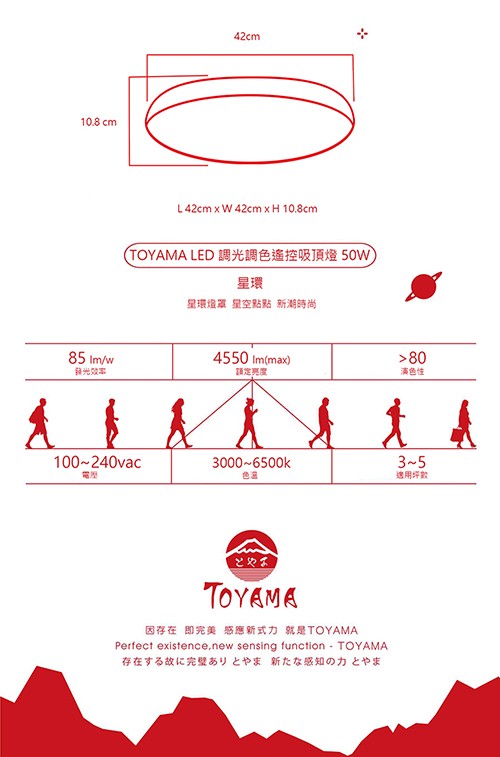 L42cm×W 42cm×H10.8cm，(TOYAMA LED調光調色遙控吸頂燈50W)，星環埕罩 星空點點 新潮時尚，转光效率，额定亮度，演色性，適用坪數，因存在即完美 感應新式力 就是TOYAMA，存在する故に完璧ありとやま 新たな感知の力とや