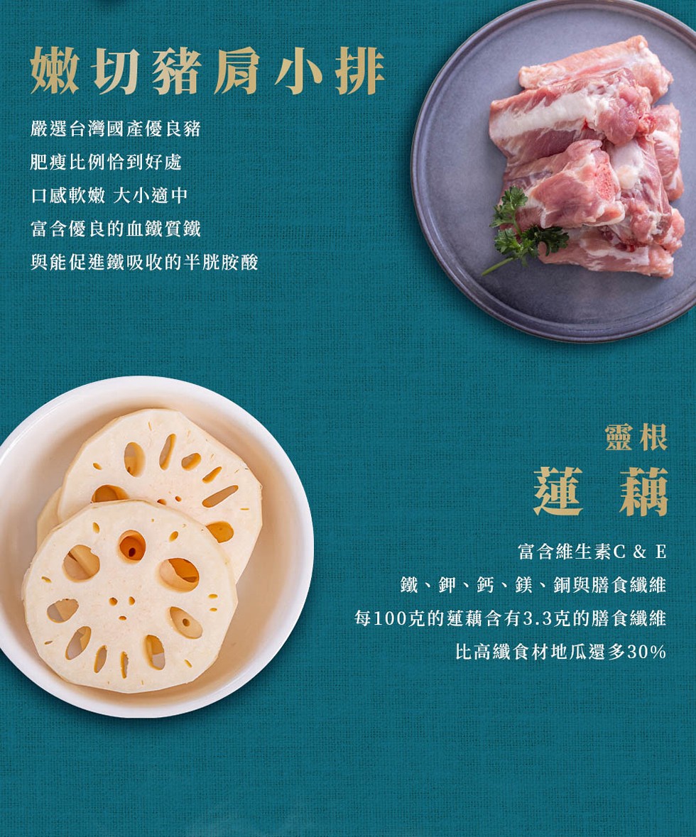 嫩切豬肩小排，嚴選台灣國產優良豬，肥瘦比例恰到好處，口感軟嫩 大小適中，富含優良的血鐵質鐵，與能促進鐵吸收的半胱胺酸，富含維生素C&E，鐵、鉀、鈣、鎂、銅與膳食纖維，每100克的蓮藕含有3.3克的膳食纖維，比高纖食材地瓜還多30%。