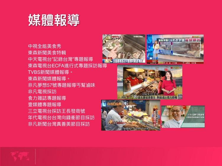 媒體報導，中視全能美食秀，東森新聞美食特輯，中天電視台”記錄台灣”專題報導，東森電視台ECFA進行式專題採訪報導，TVBS新聞媒體報導。東森新聞媒體報導。非凡夢想57號專題報導丐幫滷味，非凡電視採訪，食力雜誌專題報導，壹媒體專題報導，三立電視台採訪王