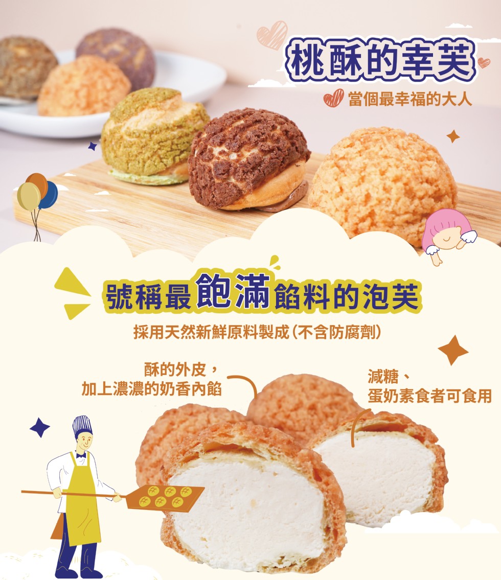 桃酥的幸芙，當個最幸福的大人，號稱最飽滿餡料的泡芙，採用天然新鮮原料製成(不含防腐劑)，酥的外皮,加上濃濃的奶香內餡，減糖、蛋奶素食者可食用。