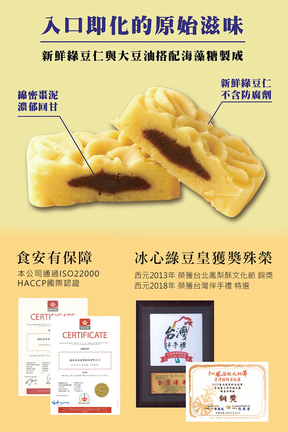 綿密棗泥，濃郁回甘，入口即化的原始滋味，新鮮綠豆仁與大豆油搭配海藻糖製成，食安有保障，本公司通過ISO22000，HACCP國際認證，超比食品企，超比食品企業股份有限公司，民警跳板,满足传之无不将突EDAADO编不会，冰心綠豆皇獲獎殊榮，西元2013