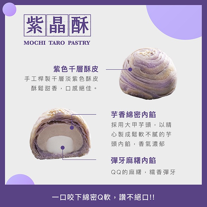 紫晶酥，紫色千層酥皮，手工桿製千層淡紫色酥皮，酥鬆甜香,口感絕佳。芋香綿密內餡，採用大甲芋頭,以精，心製成鬆軟不膩的芋，頭內餡,香氣濃郁，彈牙麻糬內餡，QQ的麻糬,糯香彈牙，一口咬下綿密Q軟,讚不絕口!!。