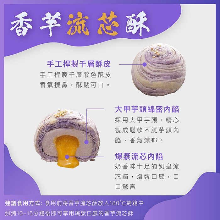 香芋流葱酥,手工桿製千層酥皮,手工桿製千層紫色酥皮,香氣撲鼻,酥鬆可口。大甲芋頭綿密內餡,採用大甲芋頭,精心,製成鬆軟不膩芋頭內,餡,香氣濃郁。爆漿流芯內餡,奶香味十足的奶皇流,芯餡,爆漿口感,口,口驚喜,建議食用方式:食用前將香芋流芯酥放入180°