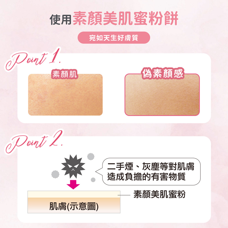 使用素顏美肌蜜粉餅，宛如天生好膚質，素顏肌-偽素顏感，二手煙、灰塵等對肌膚，造成負擔的有害物質，素顏美肌蜜粉，肌膚(示意圖)。