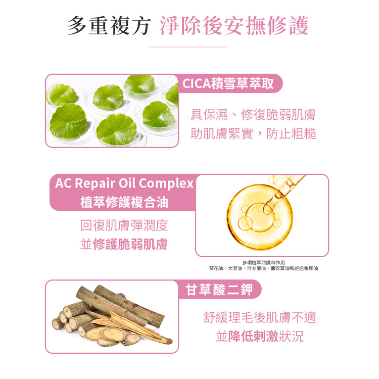 多重複方 淨除後安撫修護，CICA積雪草萃取，具保濕、修復脆弱肌膚，助肌膚緊實,防止粗糙，植萃修護複合油，回復肌膚彈潤度，並修護脆弱肌膚，多項植萃油調和作用，葵花油、大豆油、洋甘菊油、薰衣草油和迷迭香葉油，甘草酸二鉀，舒緩理毛後肌膚不適，並降低刺激狀