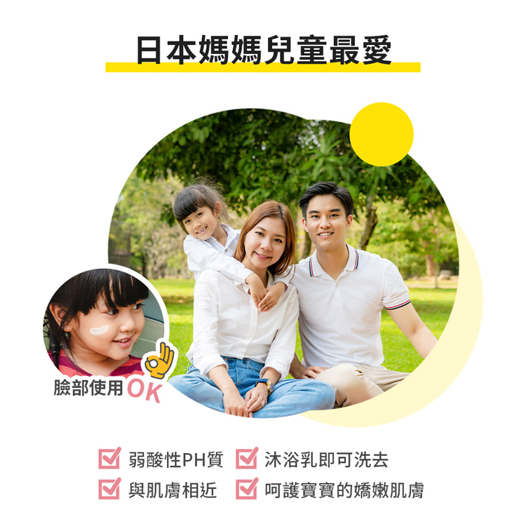 日本媽媽兒童最愛,臉部使用OK,弱酸性PH質,沐浴乳即可洗去,與肌膚相近,呵護寶寶的嬌嫩肌膚。